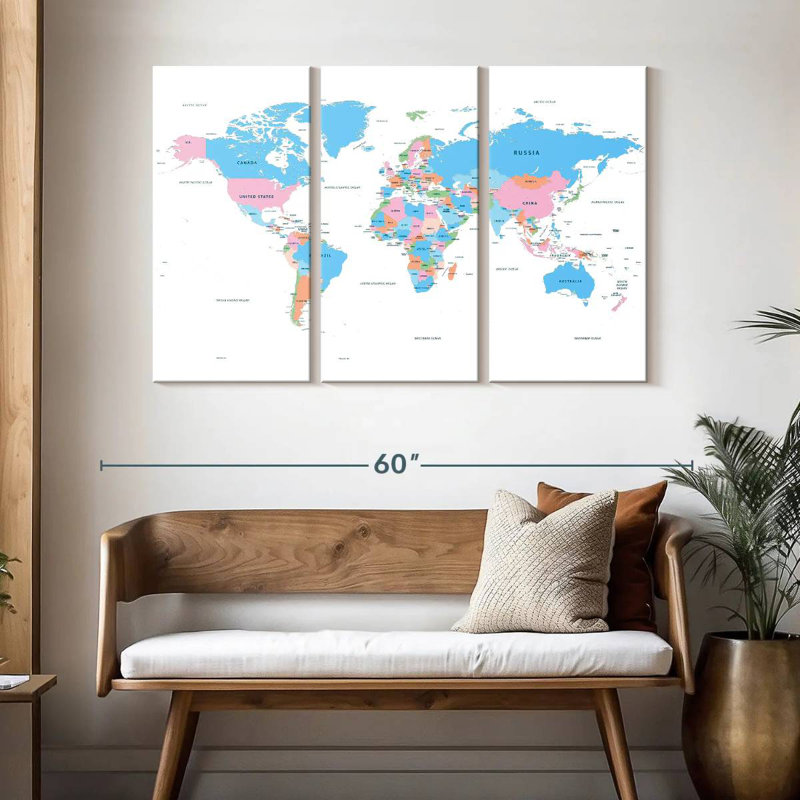 Carte du monde des pays pastel, H 32 po x l 50 po