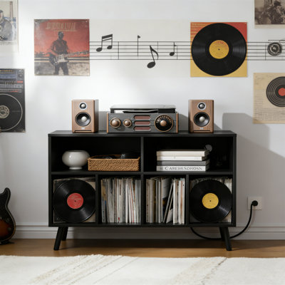 Wood Record Player Stand With Vinyl Storage Cabinet For Up To 350 Albums, Black