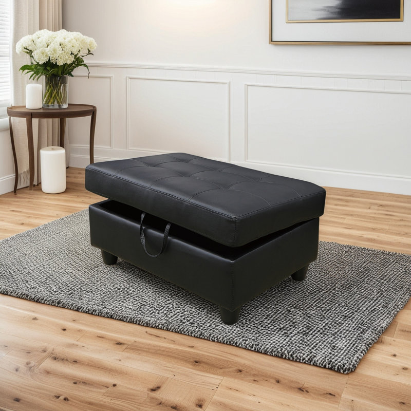 Faux Leather Ottoman, Black, Black Faux Leather