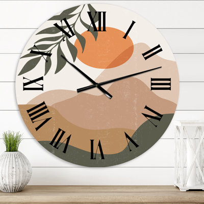 Abstract Red Moon In Earth Toned Mountains I - Modern Wall Clock