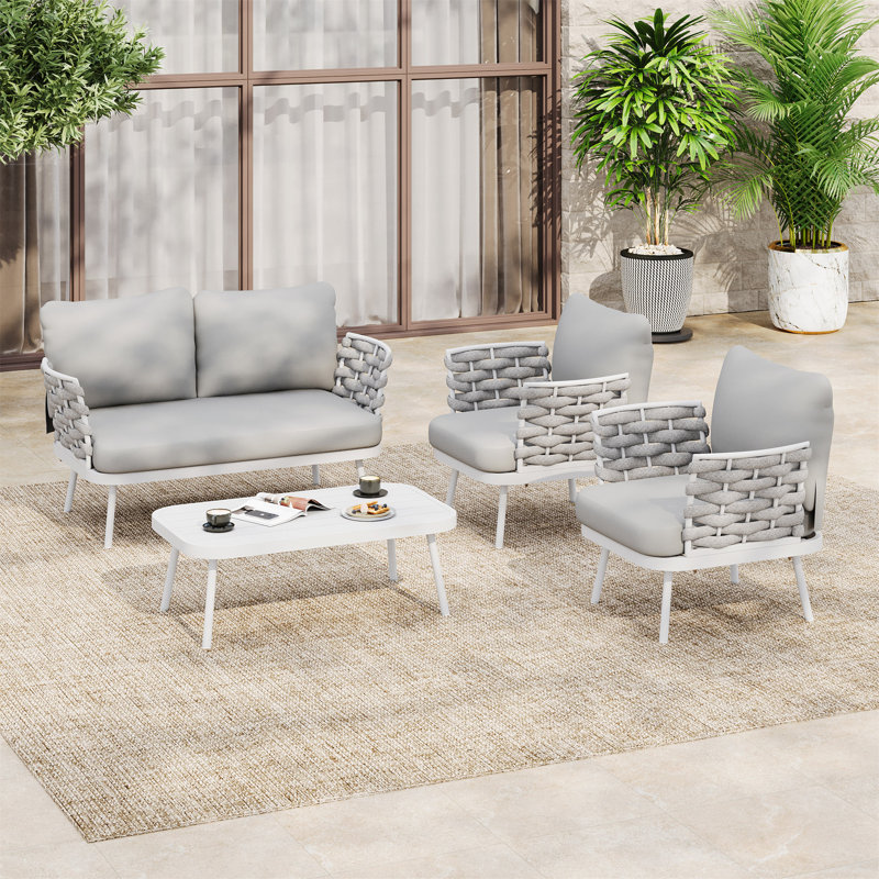 Mariano Steel 4-Pieces Coversation Set, Off White+Grey, Gray, Off White