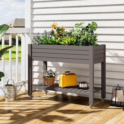 Raised Garden Bed - Outdoor Elevated Planter With Weatherproof Resin, Shelf & 4 Swivel Wheels