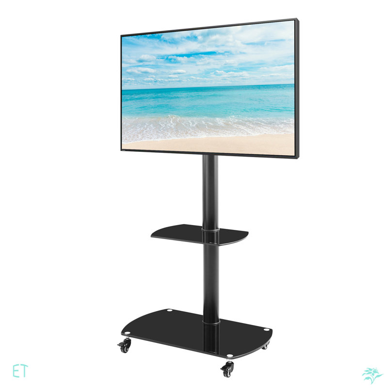 Height And Angle Adjustable Multi-Function Tempered Glass Metal Frame Floor With Lockable Wheels Mobile TV Stand, LCD/Plasma TV Bracket  2 Tier Tempered Glass Shelves For Multiple Media Devices