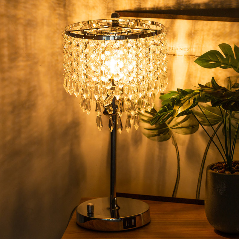 Lampe de bureau à 3 intensités en cristal à intensité variable avec deux ports USB, Transparent, Chrome