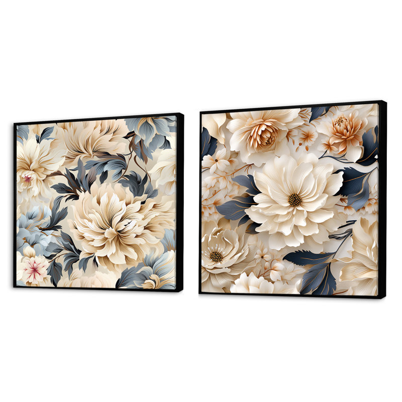 Clématite - ensemble de 2 collages carrés floraux, Cadre flottant noir, H 16 po x l 33 po