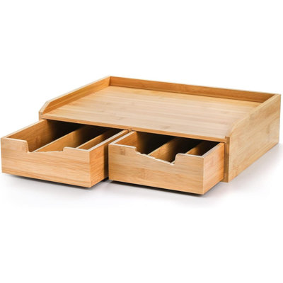 Organisateur de dosettes en bambou à 2 tiroirs avec boîte latérale pour sachet de thé K Cup | Organisateur de bambou naturel peu encombrant, écologique