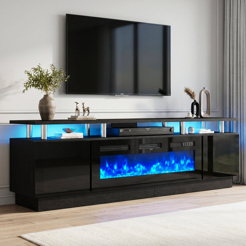 90" Gloss Black TV Stand With 50" Electric Fireplace For TVs Up To 100", Large Media Console with LED Light Strip, Black