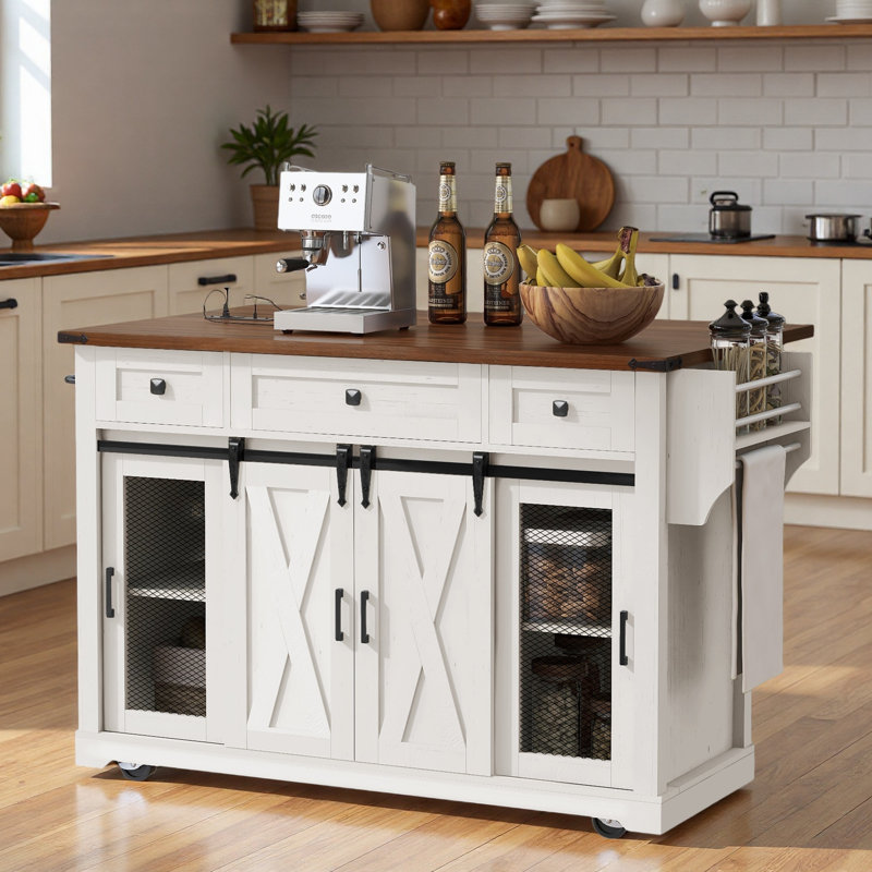 Farmhouse Kitchen Island with Storage, Sliding Barn Door & Metal Grid Side Door, White