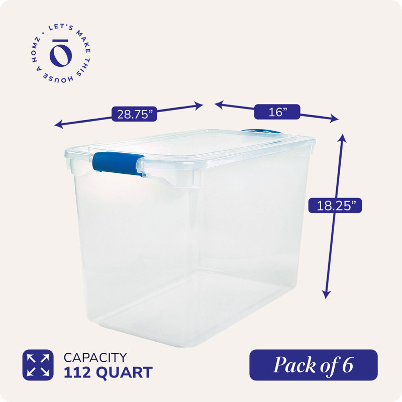 Contenant de rangement empilable en plastique transparent de 112 pintes Homz avec couvercle à loquet, paquet de 6