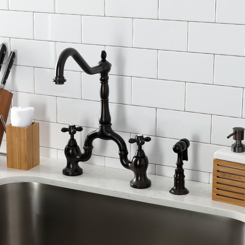 Kingston Brass English Country Two-Handle 3-Hole Deck Mount Bridge Kitchen Faucet with Brass Side Sprayer, Oil Rubbed Bronze
