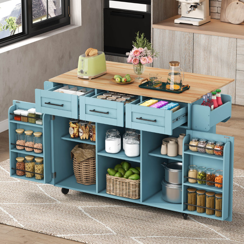 Wood Kitchen Island, Blue