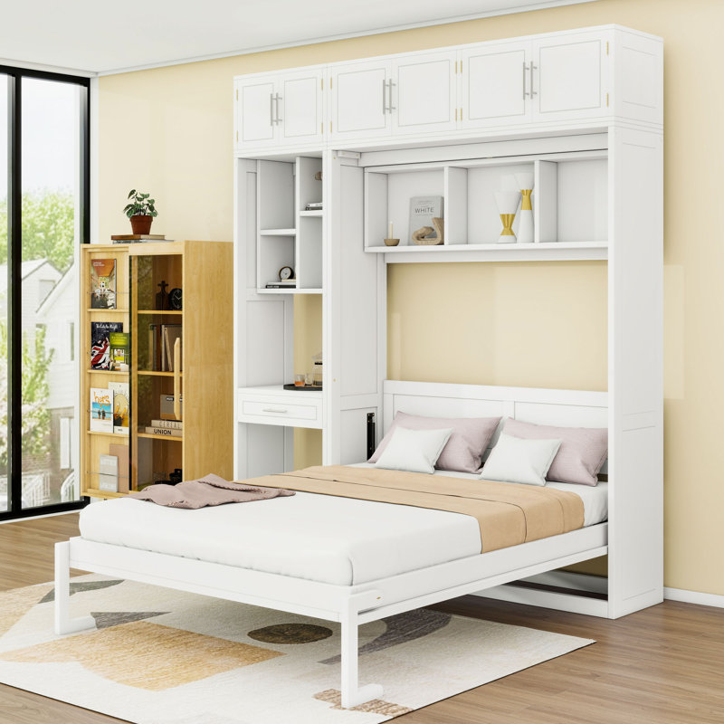 Murphy Bed with Cabinets, Built-In Desk, and Shelves, Full, White