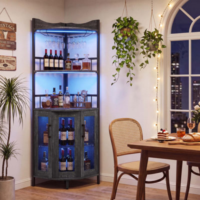 5‑Tier Floor‑Standing Corner Bar Cabinet, Tall Liquor Wine Cabinet With Built‑In Power Outlets, Led Lights, Wine Rack And Glass Holder For Small‑Space Living‑Room Home Use, Brown