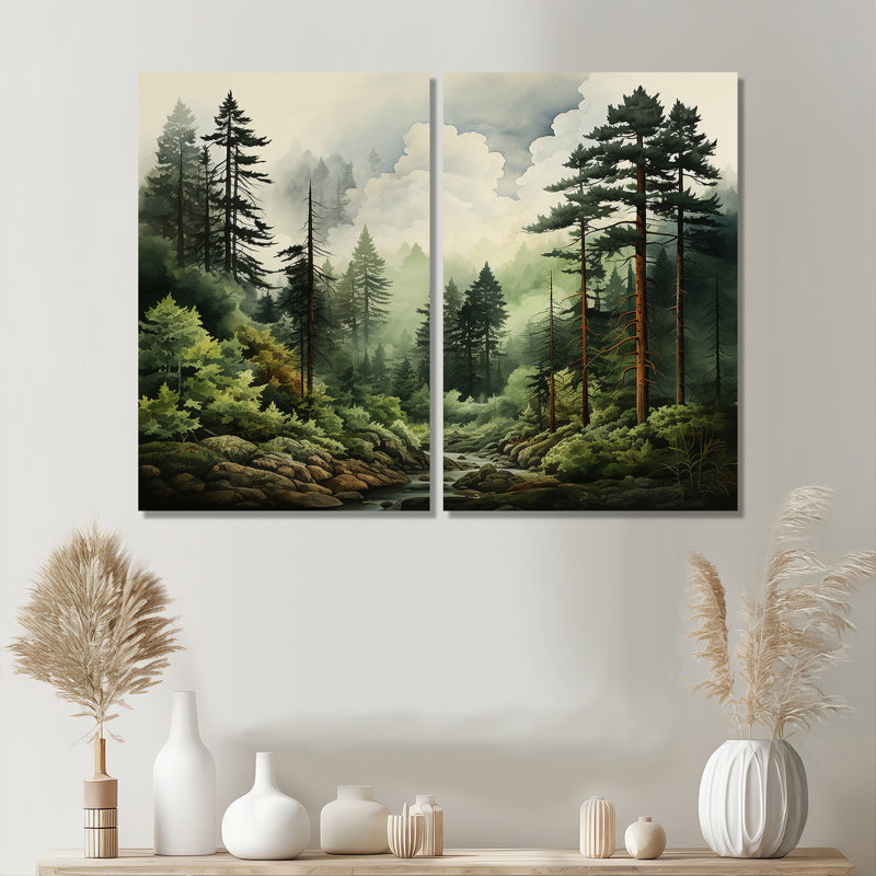 Forêt de pins - décoration murale traditionnelle verte, Toile tendue, Ne s’applique pas, H 36 po x l 48 po
