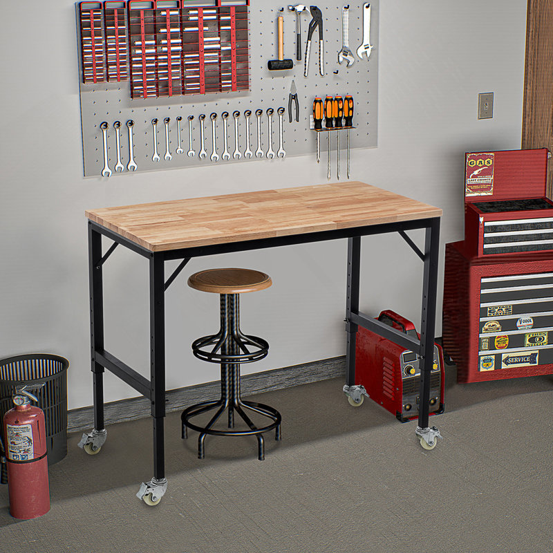 Établi réglable robuste de 48 po pour le garage, table d'atelier en bois d'hévéa avec roues en métal, poste de travail en bois franc, capacité de poids de plus de 2000 lb avec roues