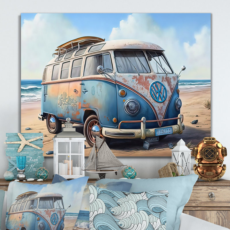 70S Surfing Van at the Beach III - Peinture sur toile, H 30 po x l 40 po x P 1,5 po, Toile tendue