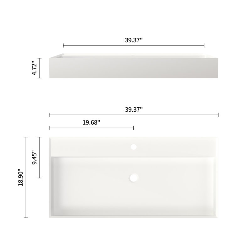 Lavabo pour salle de bain en résine solide de couleur pierre, blanc mat, profondeur 38,46 po, largeur 19,34 po, hauteur 4,82 po, solution polyvalente et élégant, installation murale ou de comptoir