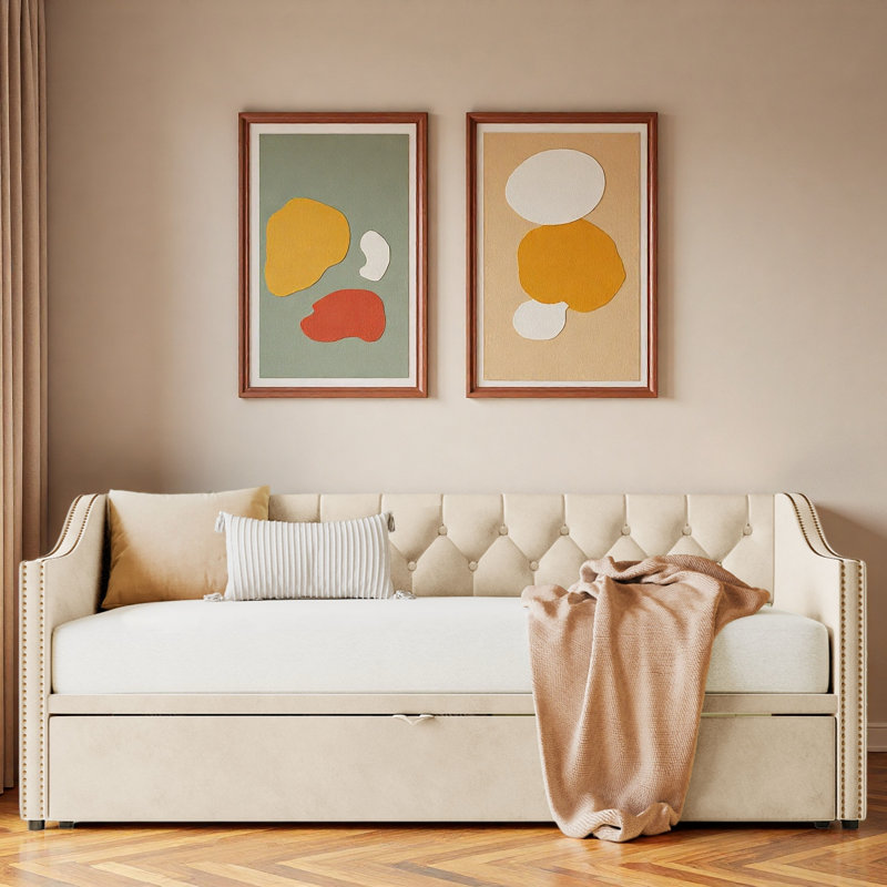 Lit de jour rembourré avec lit gigogne, Beige