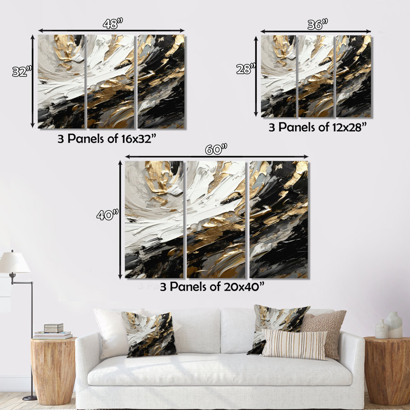 «Exquis Darling Gold Abstract Wave On Black III», ensemble de reproductions d'art mural abstraites