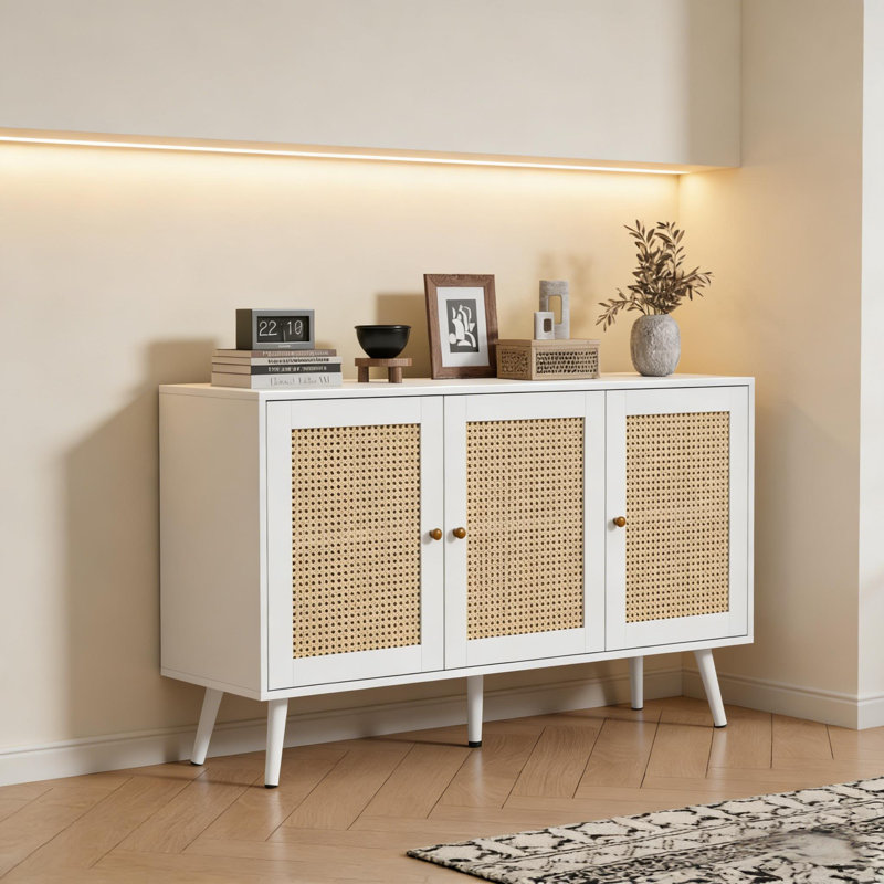 47.2" Rattan Sideboard with Adjustable Shelves for Kitchen, Living Room, Entryway, White