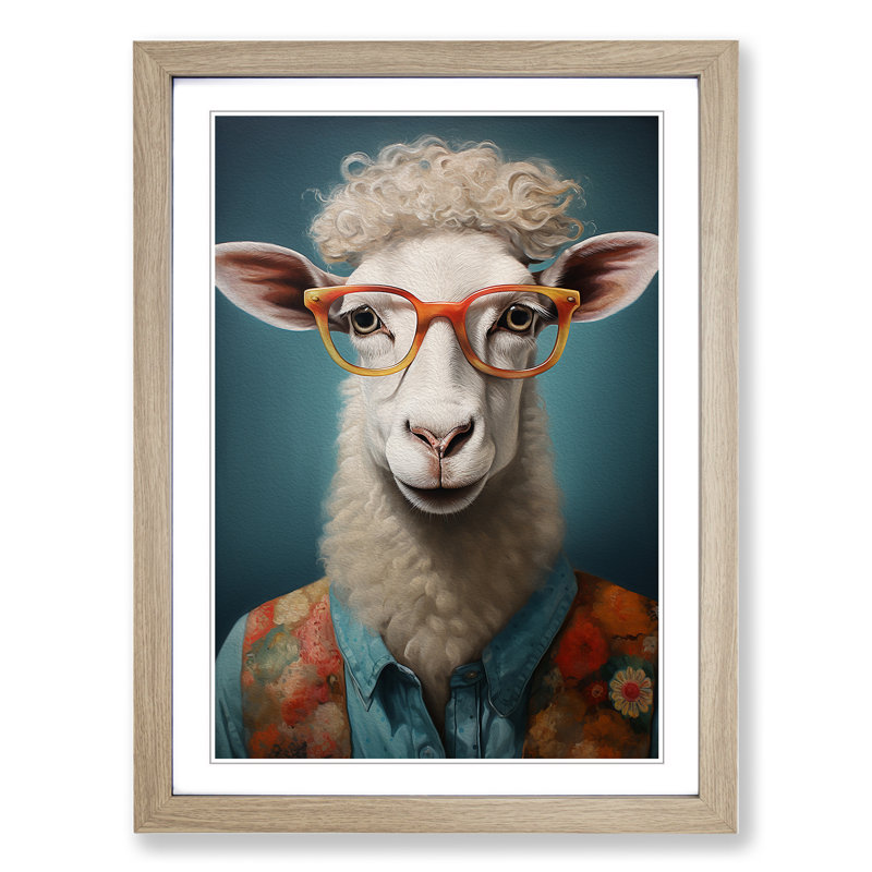Sheep With Glasses Painting No.2 - Single Picture Frame Print on Wood, 34cm H x 25cm W x 2cm D, Oak Framed
