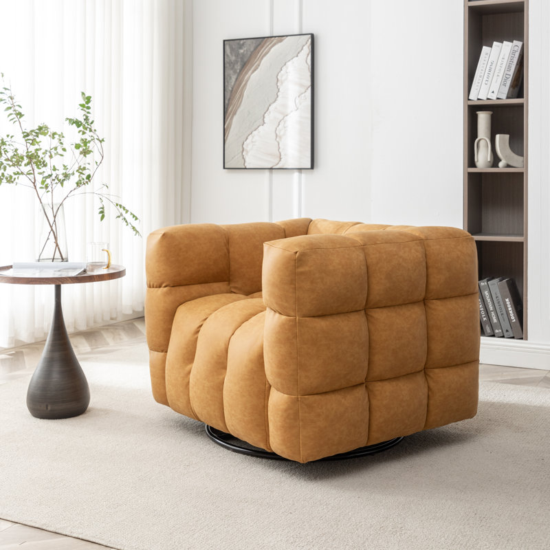 Avdul 38" Wide Tufted Swivel Chair with Square Arm, Vintage Yellow Faux Leather