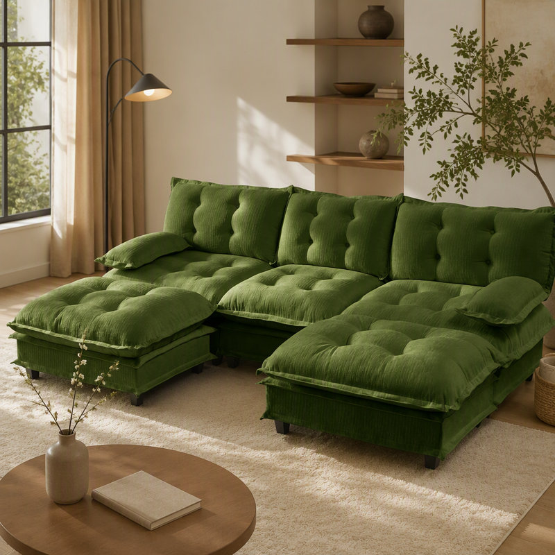 Canapé moderne en U 107 pouces avec 2 repose-pieds, assise profonde en chenille, coussins en treillis confortables pour les appartements et les chambres