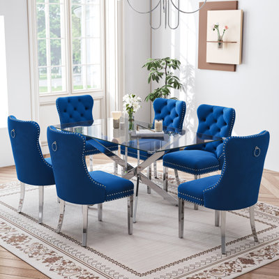7-Piece Rectangular Glass Dining Set, 63" Modern Tempered Glass Dining Table With Velvet Upholstered Seats