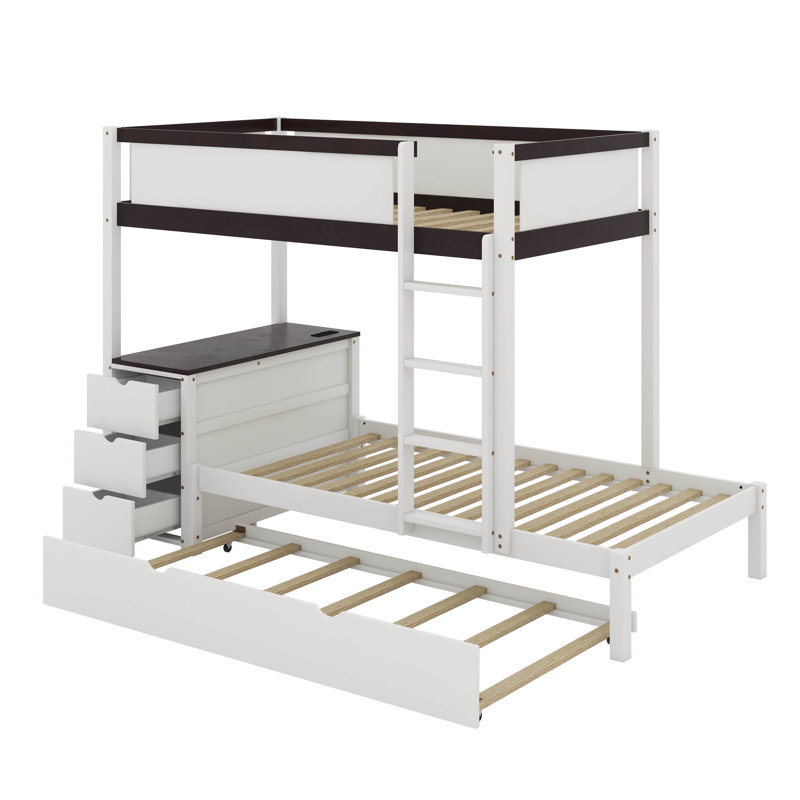 Twin Over Twin Bunk Bed With Trundle And Desk, White/Walnut