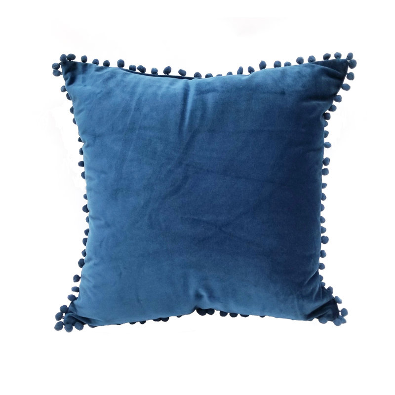 Housse de coussin carré avec pompons Jasmin, Bleu marine