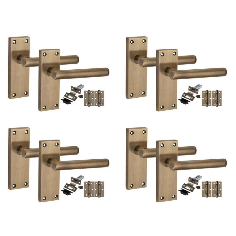 Golden Grace 4 Pairs Victorian Straight T-Bar Scroll Interior Door Handle on Backplate Antique Brass with 2.5" Latch & Hinges - 120mm x 40mm