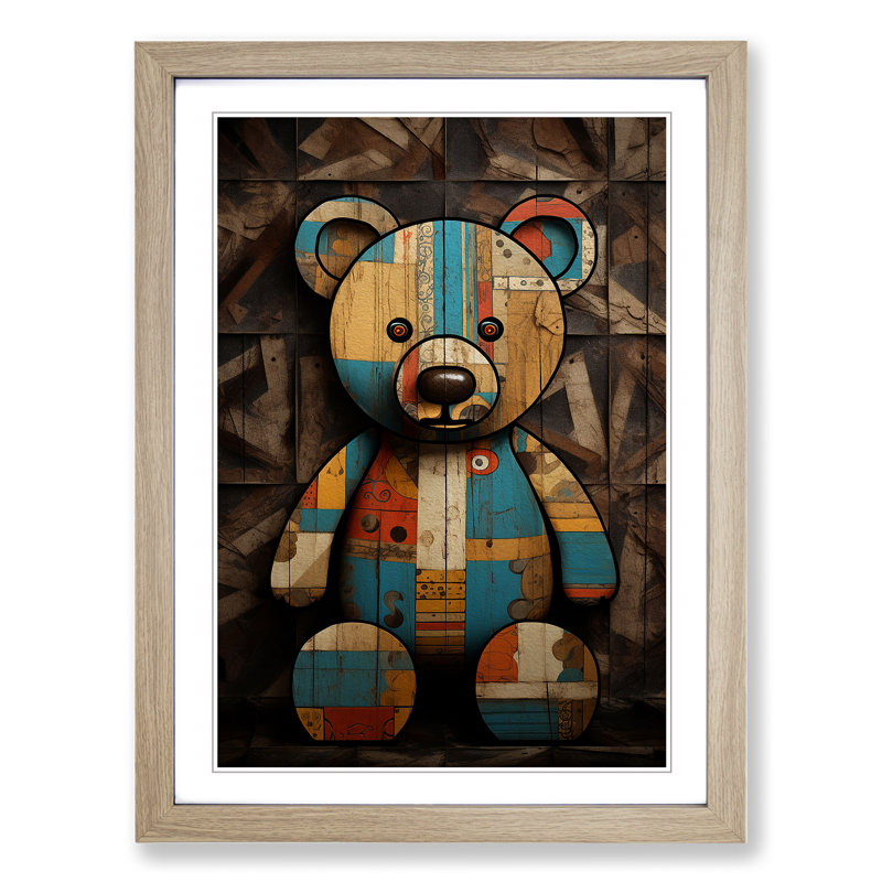 XYZ-FRM-V1223-1616 Teddy Bear Art Deco - Single Picture Frame Print on Wood, Oak , 46cm H x 34cm W x 2cm D