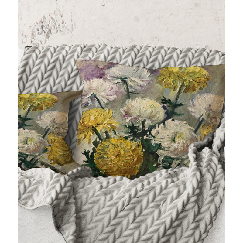 Carré, marguerites blanches et dorées - Coussin décoratif à imprimé traditionnel, 16" x 16"