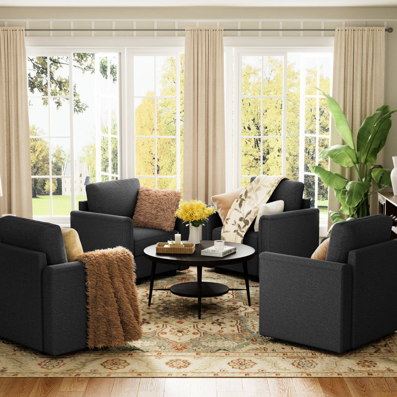 Élégant fauteuil d'appoint à accoudoirs courbés, simple moderne avec structure en bois massif, éponge à haute densité et tissu de lin, confortable pour la chambre à coucher, le salon, le bureau, le rangement caché sous le siège, gris