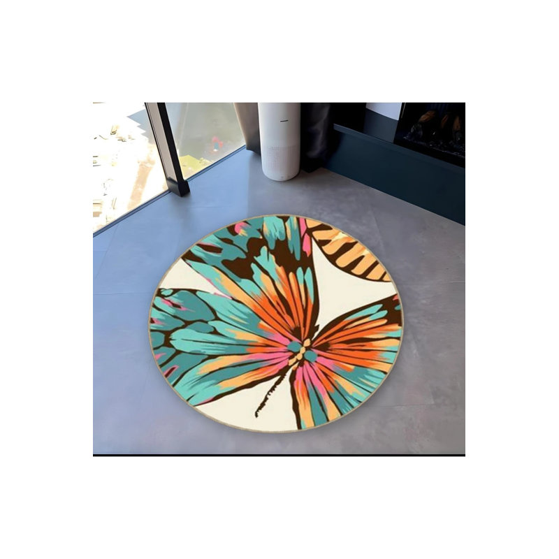 Multicolored Butterfly Patterned Modern Decorative Carpet, Round 5'