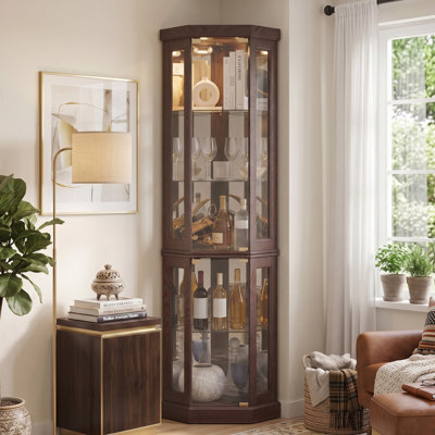 Eyisean 70" Corner Glass Display Cabineet, Lighted Curio Cabinet with Glass Doors & Adjustable Shelves, Bulb Inclued, Display Case for Living Room Liquor Storage