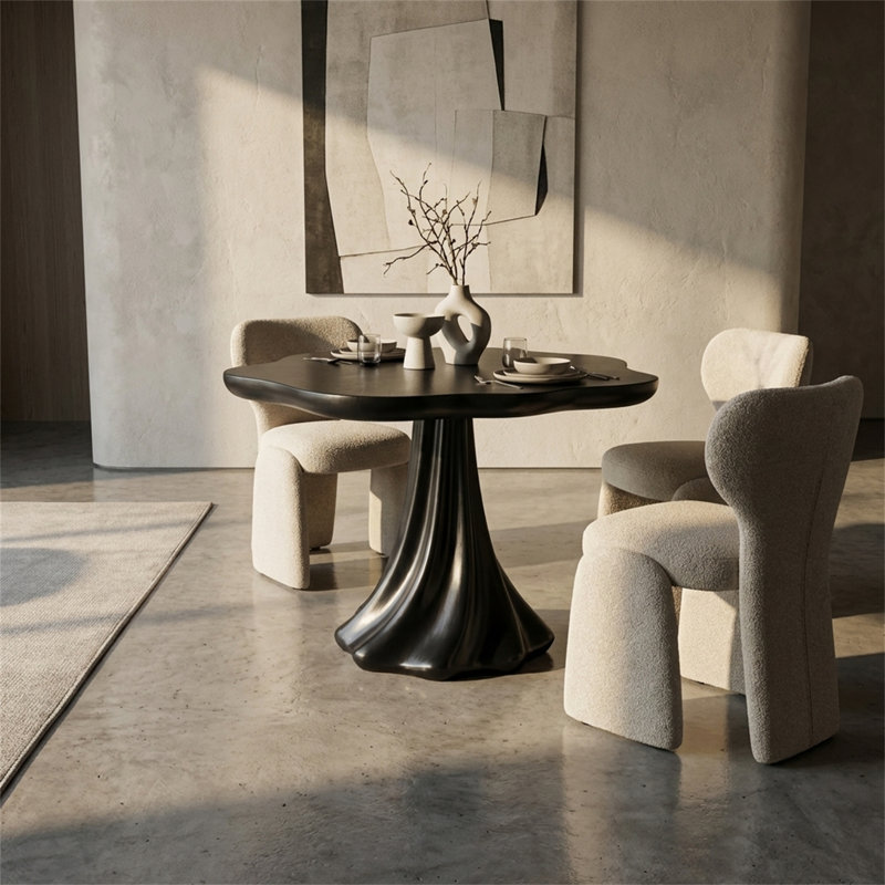 Table de salle à manger ronde, pour 2 à 4 personnes, conception sculpturale, pieds en forme de pétale avec des détails à motif de racines, fibre de verre de haute qualité, style art moderne, noir