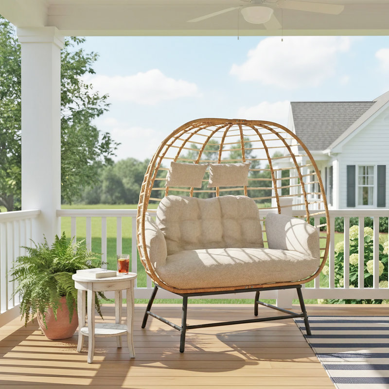 MICLEED 2-Person Patio Wicker & Stretch Fabric Egg Chair With Cushions