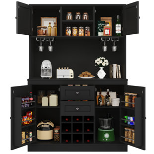 Kitchen Cabinet With Adjustable Shelves & Wine Rack, Tall Kitchen Cabinet With 4 Doors And 2 Drawers, Sideboard For Kitchen & Living Room, Buffet Cabinet, Balck 