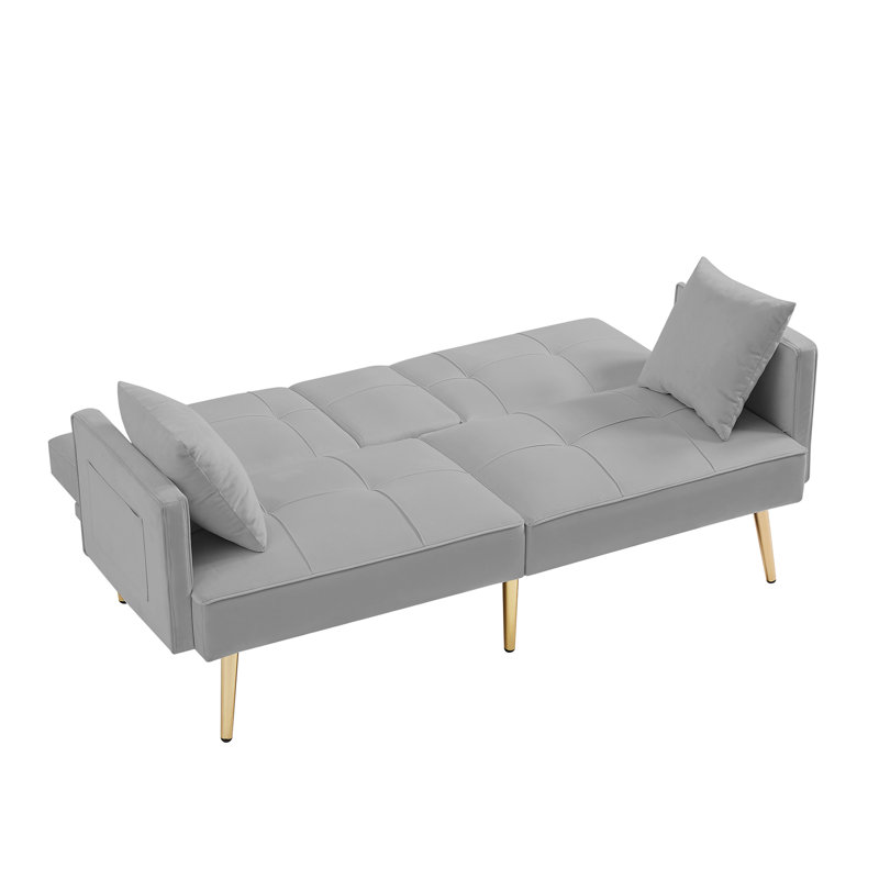 Futon en velours gris avec pieds dorés, 3 positions réglables pour une utilisation multifonctionnelle, 2 accessoires de poches latérales, porte-gobelet pliable, rembourrage en mousse moelleuse, siège à ressort sinueux, lit en métal de style classique