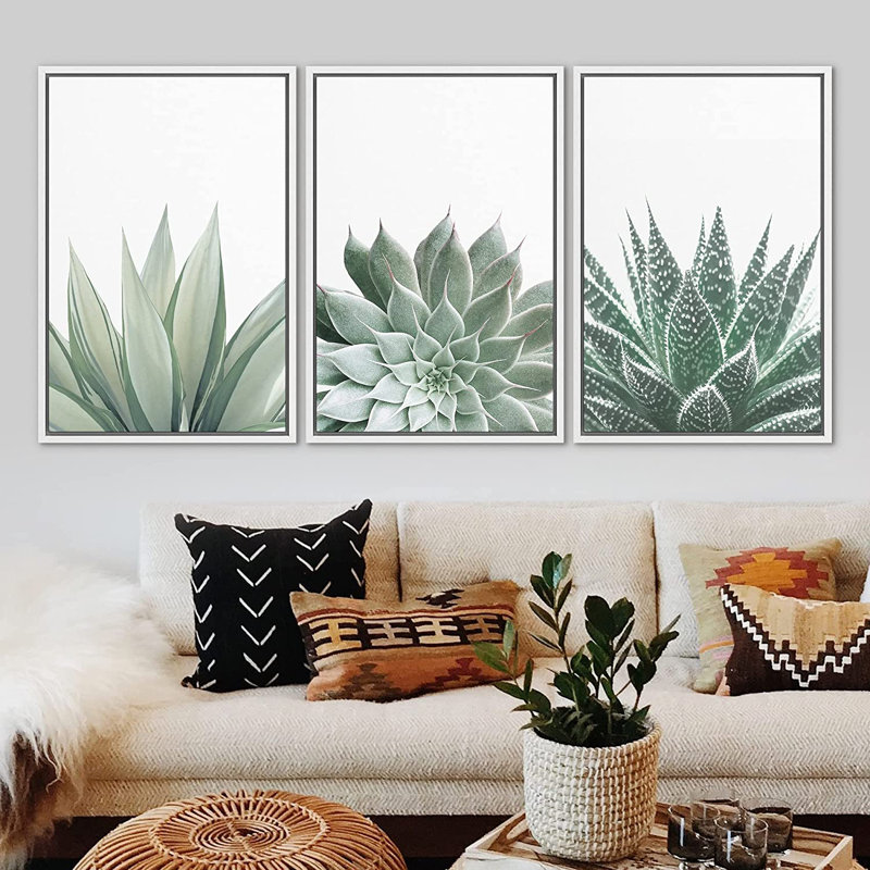 «Desert Cactus Succulent Variety Nature Wilderness», ensemble de 3 impressions sur toile flottante, H 24 po x l 48 po, Blanc