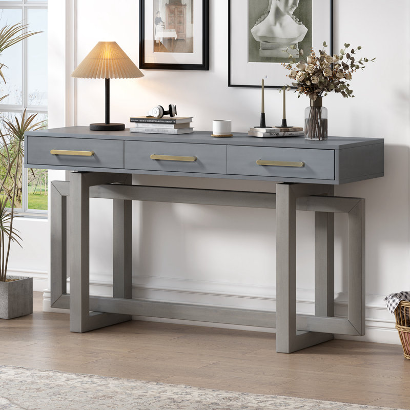 Console élégante avec trois tiroirs, table d'entrée très longue pour le vestibule, Gris antique
