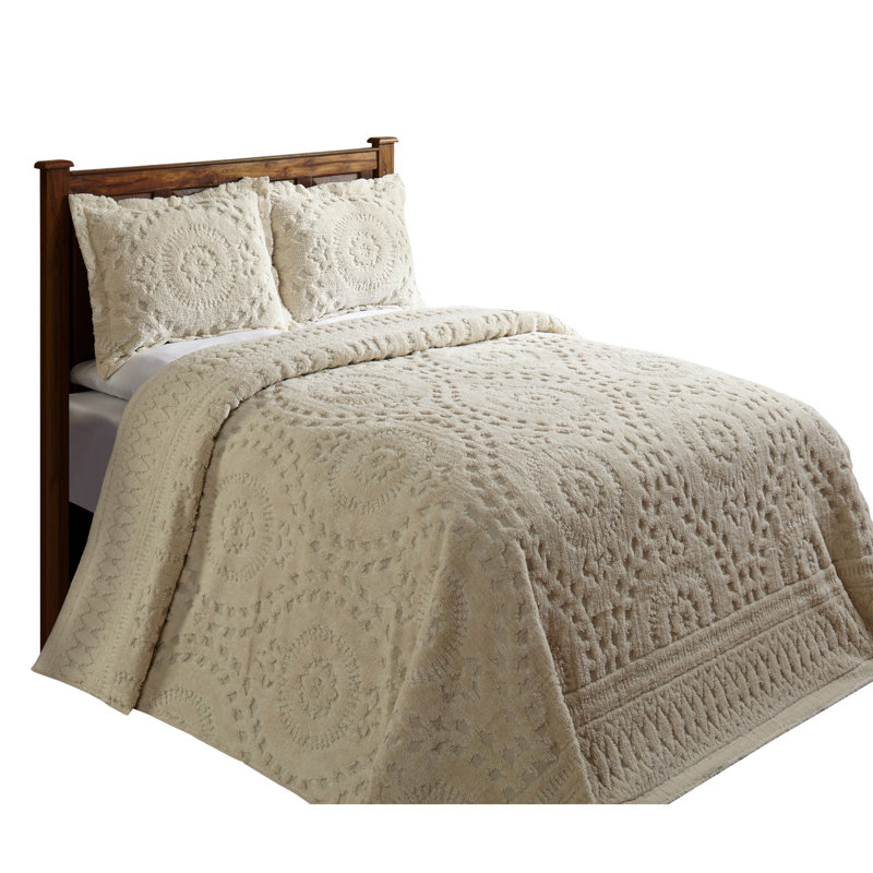 Rio Collection 100% Cotton Chenille Queen Bedspread Set, Traditional Bedding with Tufted Medallion Coverlet & Matching Shams, OEKO-TEX Certified, Soft, Breathable, Machine Washable, All-Season, Ivory