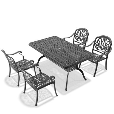 5 Cast Aluminum Outdoor Patio With Cushions - Black, Rustproof, , Comfortable Seating, Rectangular Table Dining 5 Piece, , Slip Foot Pad, Cushions, For Garden Use