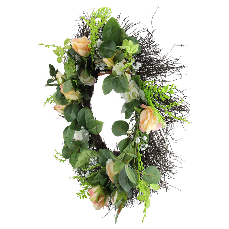 Couronne de printemps artificielle rose et feuillage - 24 pouces non éclairée
