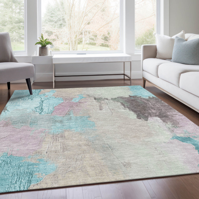 Machine Washable Indoor/Outdoor Xhevrie Teal Rug, Rectangle 3' x 5'