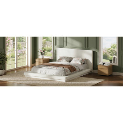 Queen Size Floating Modern Bed Frame With Padded Headboard, Low Profile Metal Slat Base, Anti-Collision Padded Surround, No Box Spring Required For Bedroom