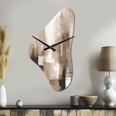 Saronville Cubism Beige Synergy - Abstract Asymmetrical Metal Wall Clock, Modern Unique Shape Wall Clock Print