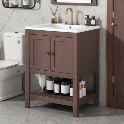 24" Brown Modern Sleek Bathroom Vanity with Semilune Ceramic Sink, Solid Wood Frame, Open Shelf, MDF Cabinet, Freestanding Storage Vanity for Small Bathrooms & Powder Rooms