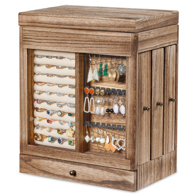 Grande boîte à bijoux en bois pour femme avec fenêtre en verre et 3 tiroirs latéraux